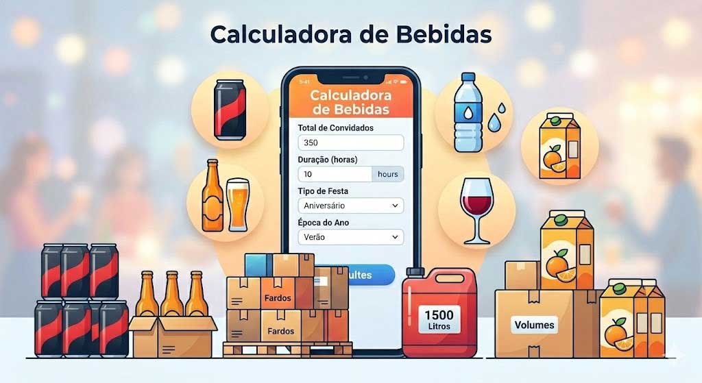 Infográfico da Calculadora de Bebidas para Festa, que ajuda a calcular quantos fardos de refrigerante para 100 pessoas, mostrando smartphone com interface em português para fardos e volumes de diversas bebidas