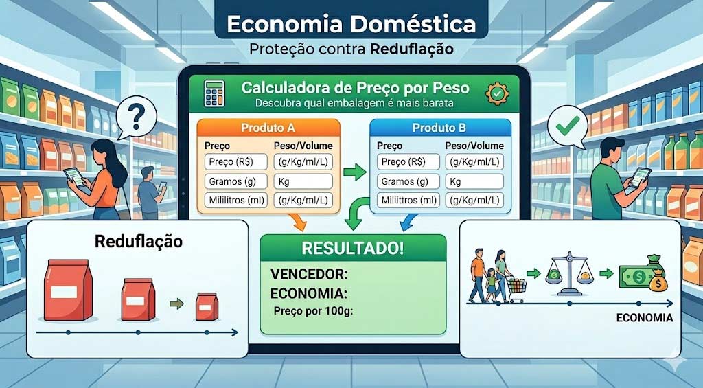 Infográfico ilustrando uma ferramenta digital 'Calculadora de Preço por Peso' para combater a Reduflação, comparando custos de produtos em um supermercado