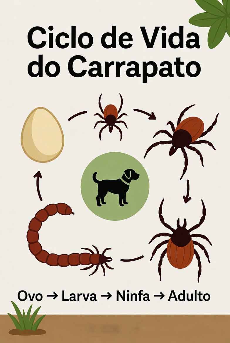 infográfico ciclo de vida do carrapato: ovo, larva, ninfa e adulto